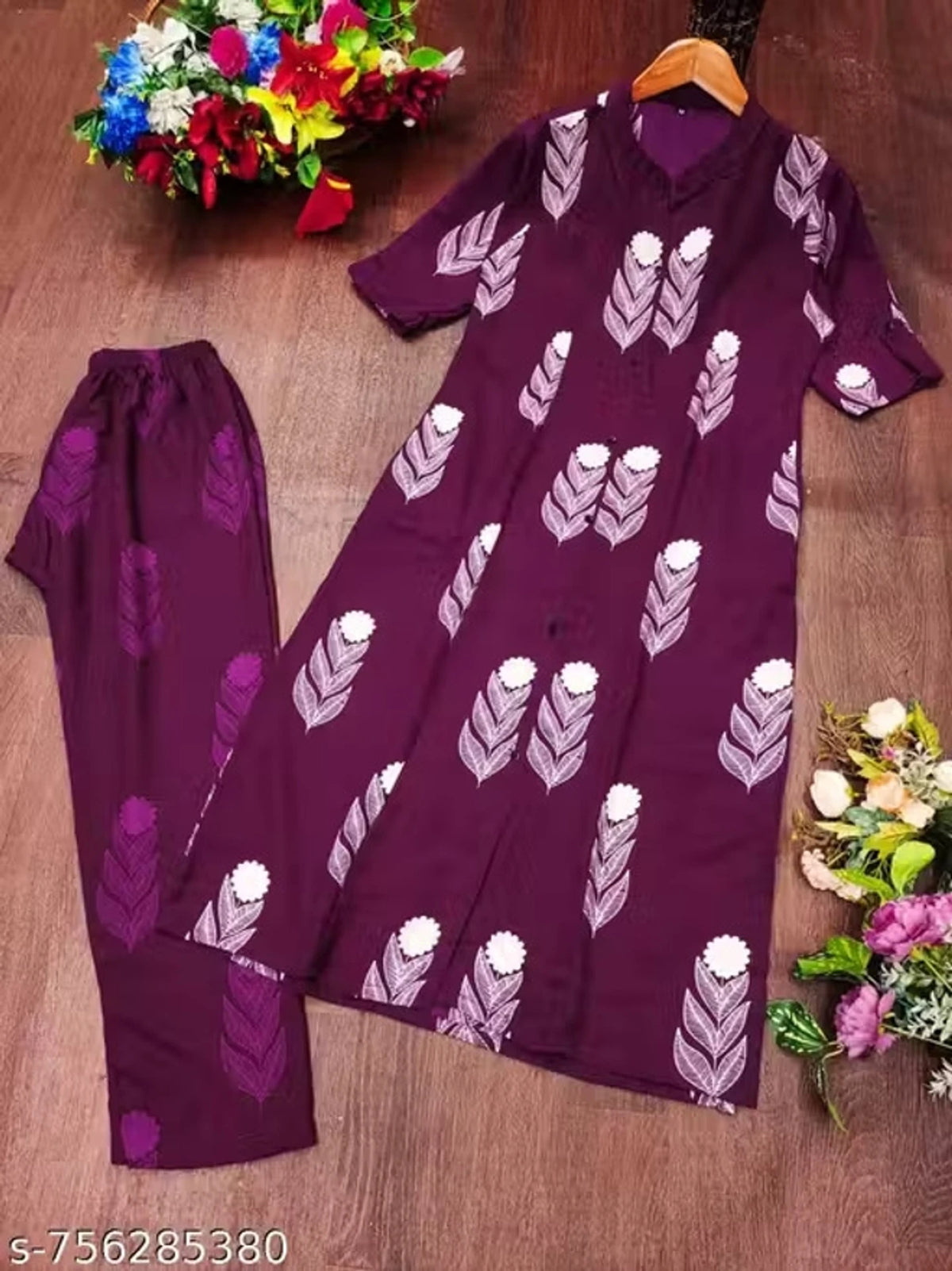 Women Wine Maroon Floral Printed A-Line Kurta Pant Set | Ethnic Wear