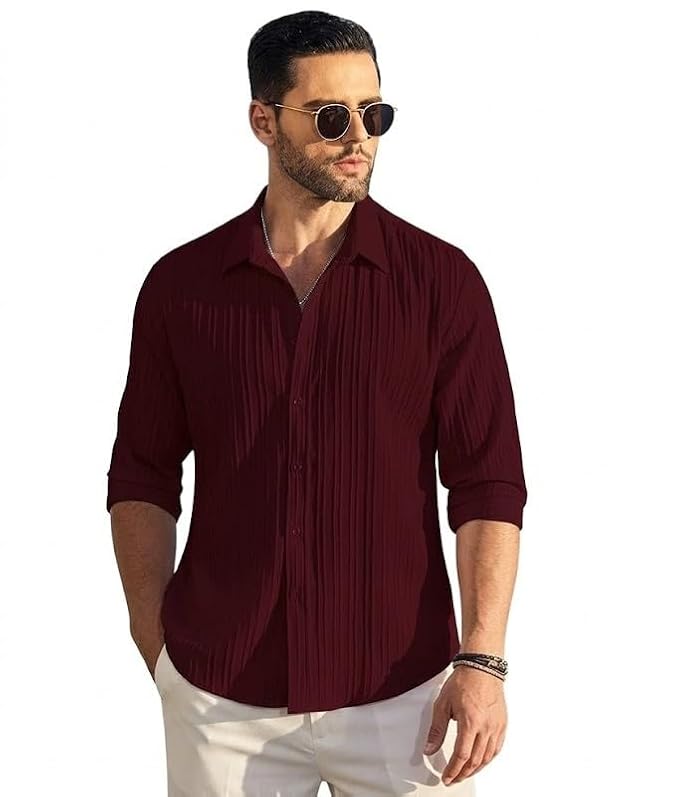Men's Wine Red Pleated Textured Shirt | Full Sleeve Casual & Party Wear