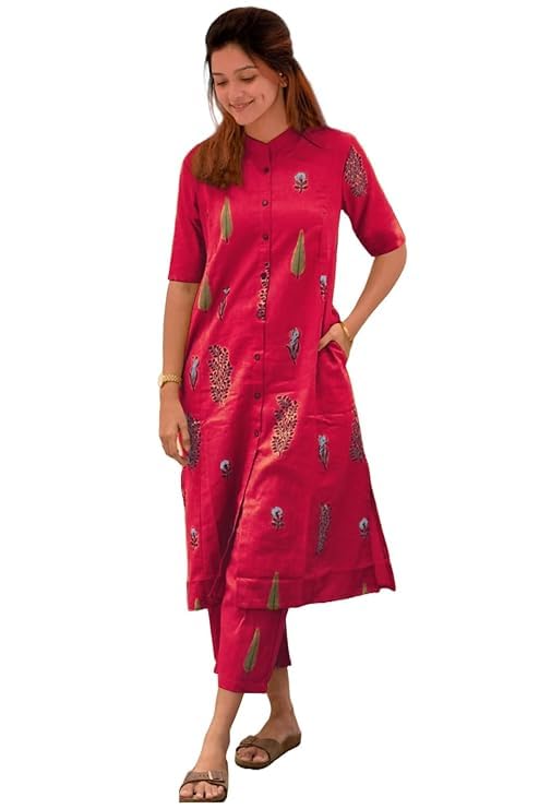 Women Pink Printed Straight Kurta Pant Set | Cotton Blend Ethnic Wear