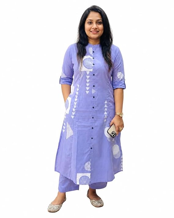 Lavender Cotton Blend Printed A-Line Kurta Pant Set for Women