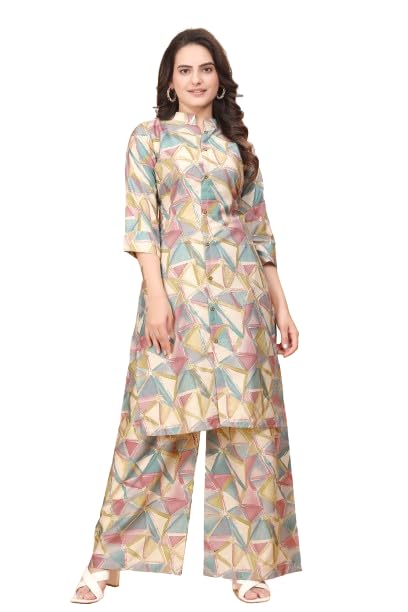Women Multicolour Geometric Printed Kurti Palazzo Set | Casual & Office Wear
