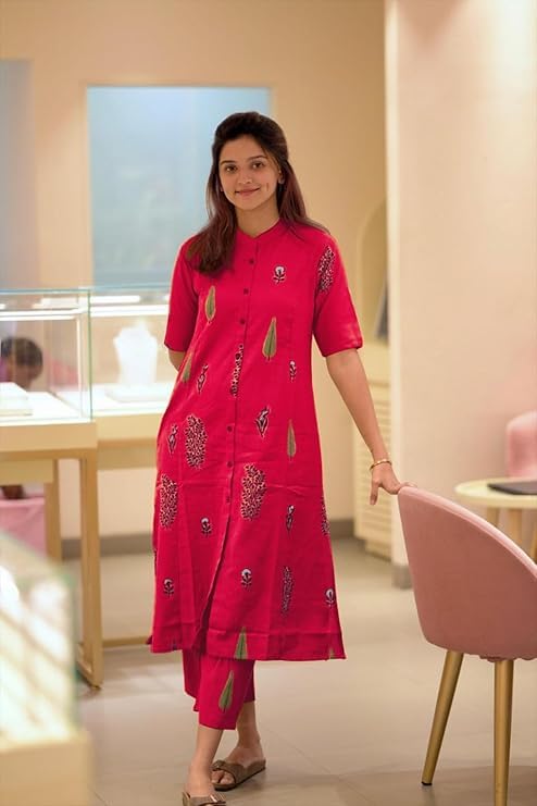 Women Pink Printed Straight Kurta Pant Set | Cotton Blend Ethnic Wear