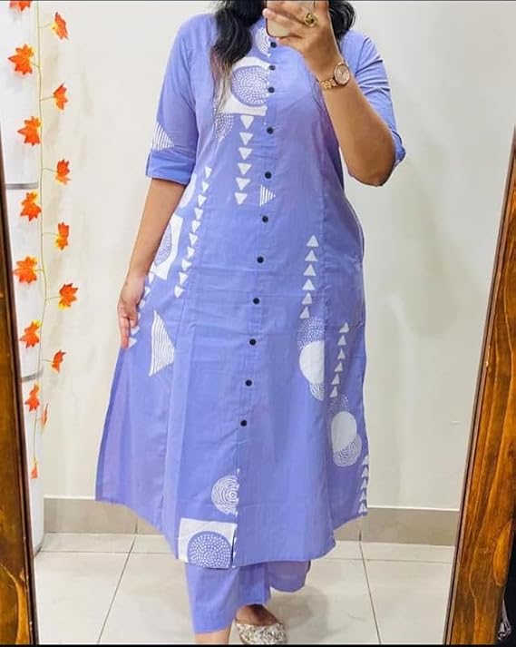 Lavender Cotton Blend Printed A-Line Kurta Pant Set for Women