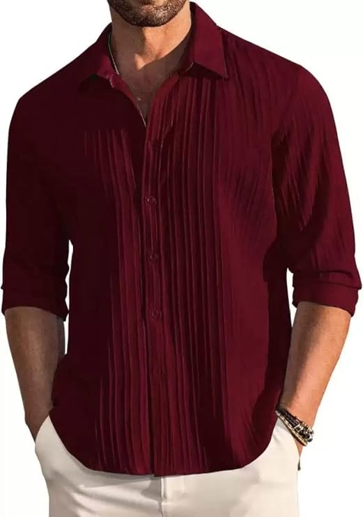 Men's Wine Red Pleated Textured Shirt | Full Sleeve Casual & Party Wear