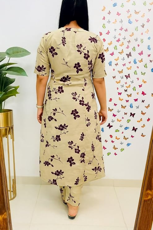 Women's Beige Floral Printed Cotton Blend A-Line Kurta Pant Set | Casual & Daily Wear