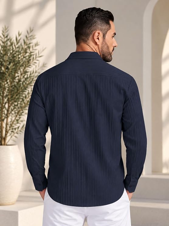 Men's Navy Blue Pleated Textured Shirt | Full Sleeve Casual & Formal Wear