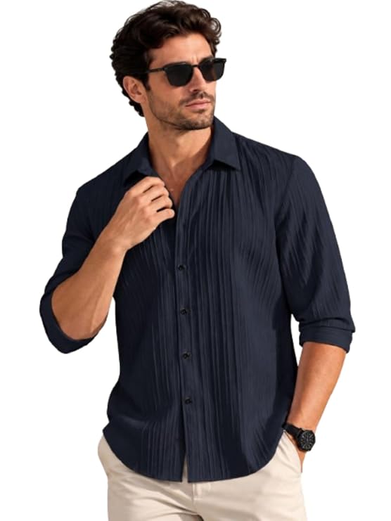 Men's Navy Blue Pleated Textured Shirt | Full Sleeve Casual & Formal Wear