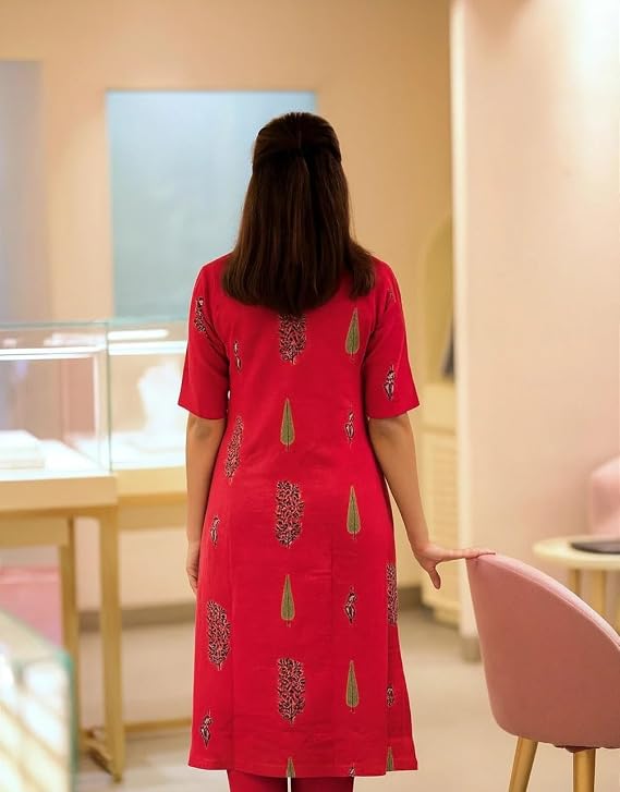 Women Pink Printed Straight Kurta Pant Set | Cotton Blend Ethnic Wear