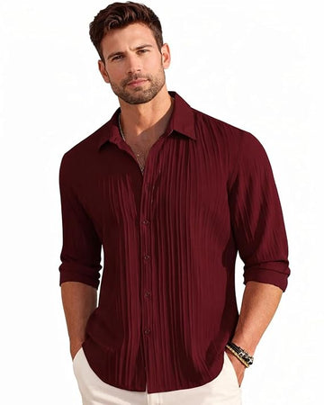 Men's Wine Red Pleated Textured Shirt | Full Sleeve Casual & Party Wear