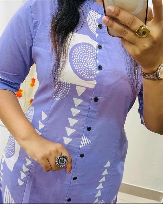 Lavender Cotton Blend Printed A-Line Kurta Pant Set for Women