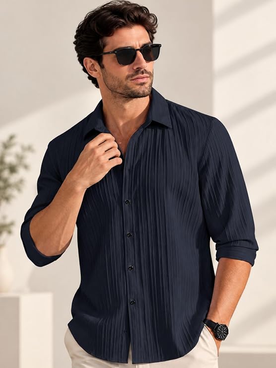 Men's Navy Blue Pleated Textured Shirt | Full Sleeve Casual & Formal Wear