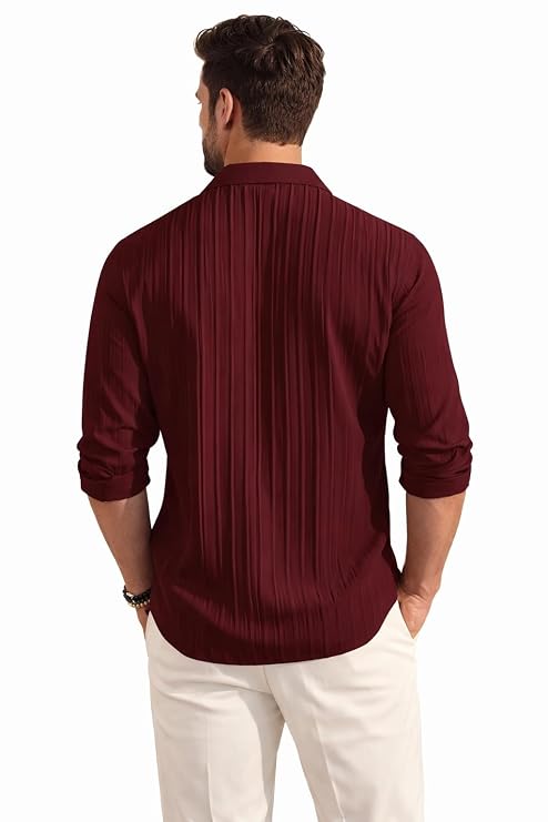 Men's Wine Red Pleated Textured Shirt | Full Sleeve Casual & Party Wear