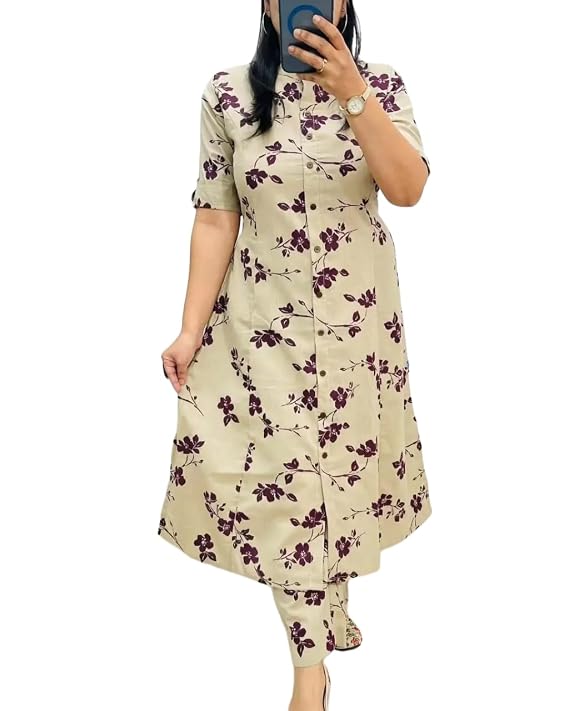Women's Beige Floral Printed Cotton Blend A-Line Kurta Pant Set | Casual & Daily Wear