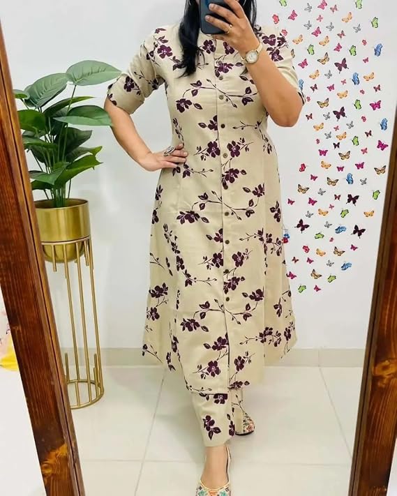Women's Beige Floral Printed Cotton Blend A-Line Kurta Pant Set | Casual & Daily Wear