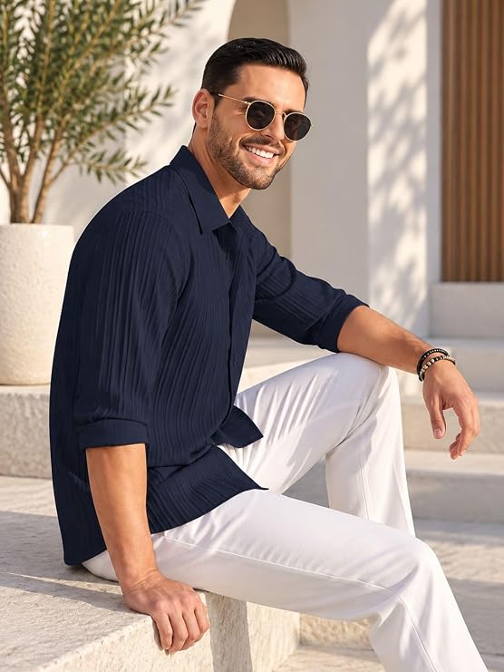 Men's Navy Blue Pleated Textured Shirt | Full Sleeve Casual & Formal Wear