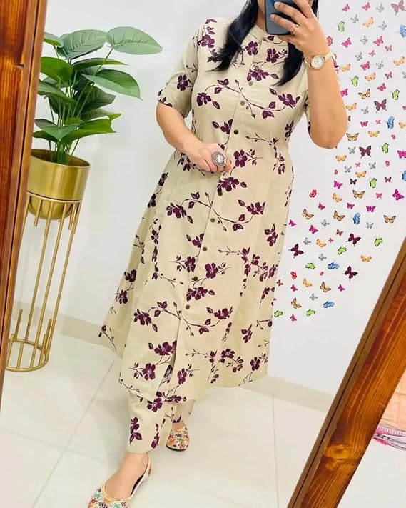 Women's Beige Floral Printed Cotton Blend A-Line Kurta Pant Set | Casual & Daily Wear
