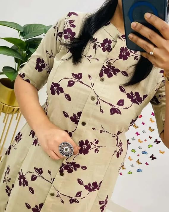 Women's Beige Floral Printed Cotton Blend A-Line Kurta Pant Set | Casual & Daily Wear