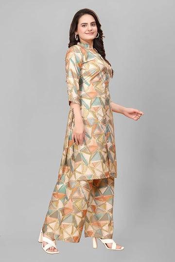 Women Multicolour Geometric Printed Kurti Palazzo Set | Casual & Office Wear