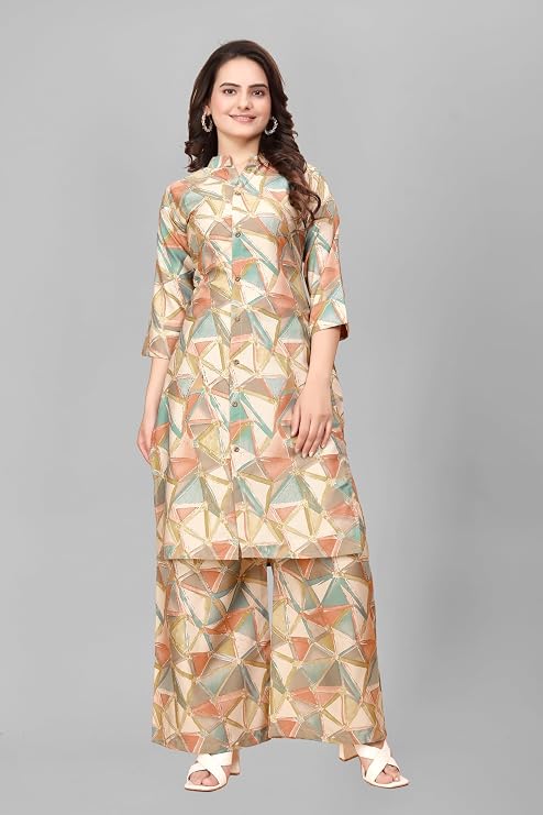 Women Multicolour Geometric Printed Kurti Palazzo Set | Casual & Office Wear