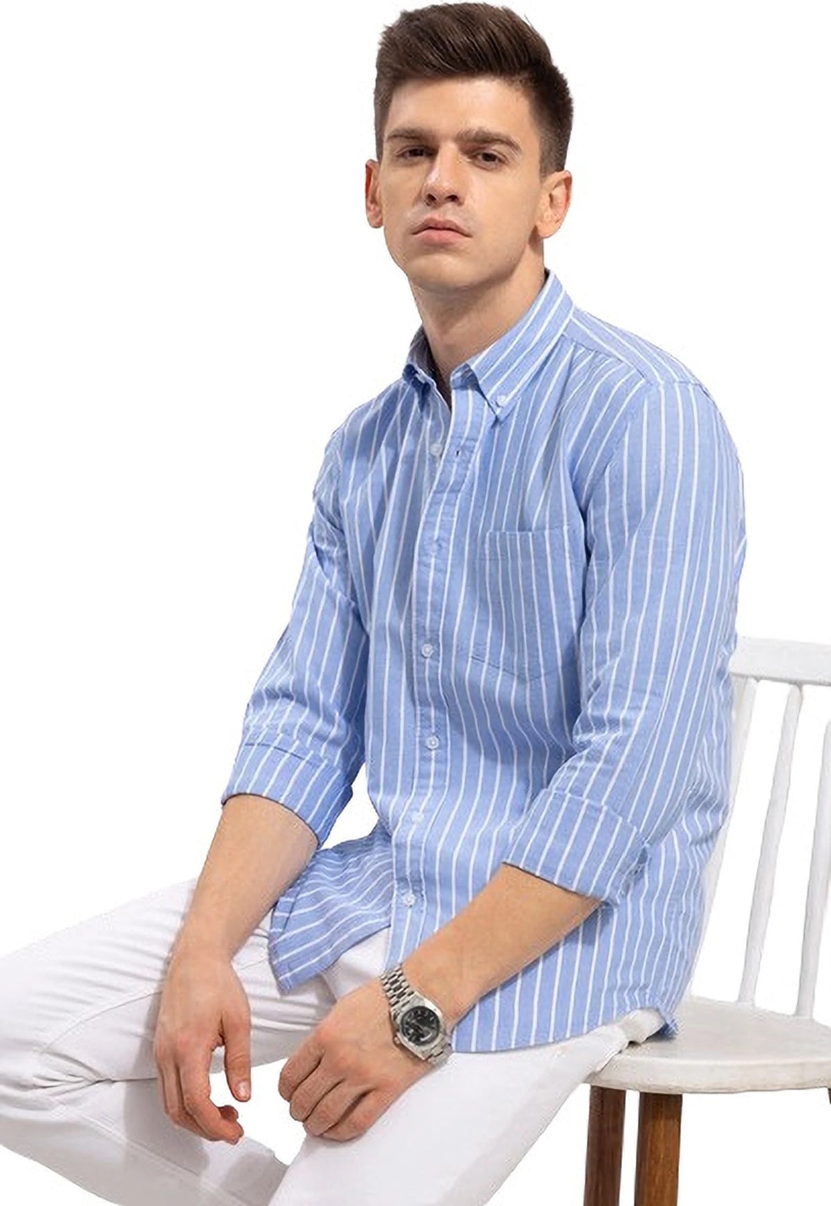 Men's Sky Blue & White Striped Shirt | Full Sleeve Casual & Office Wear