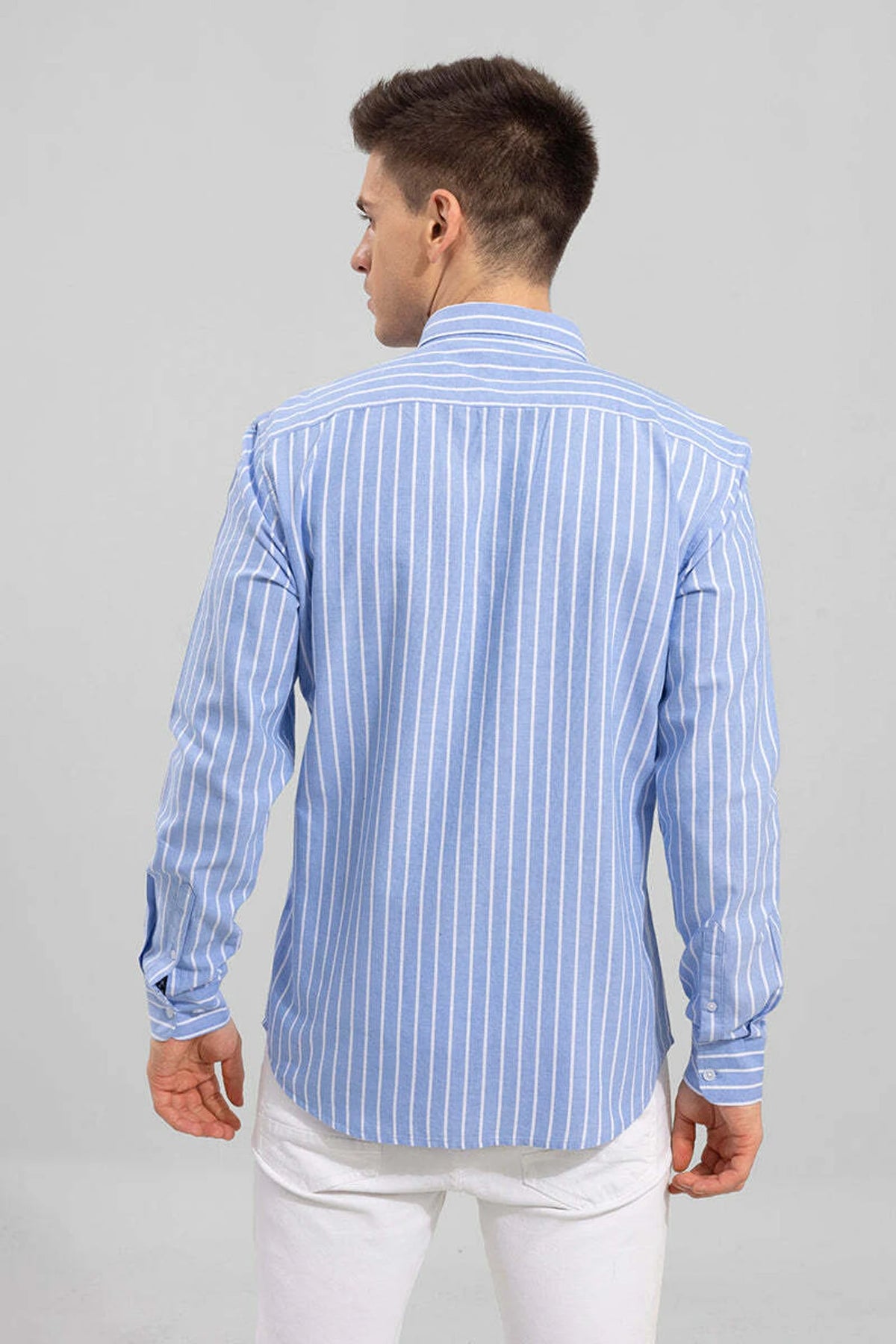 Men's Sky Blue & White Striped Shirt | Full Sleeve Casual & Office Wear