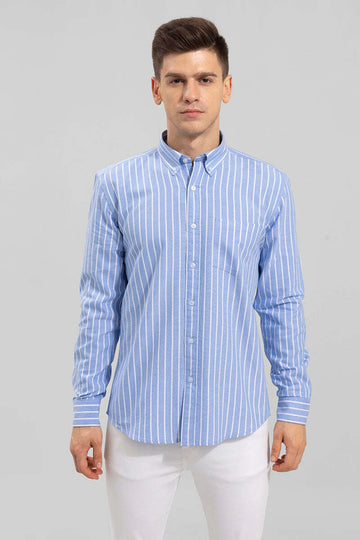 Men's Sky Blue & White Striped Shirt | Full Sleeve Casual & Office Wear