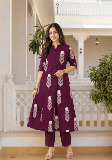 Women Wine Maroon Floral Printed A-Line Kurta Pant Set | Ethnic Wear
