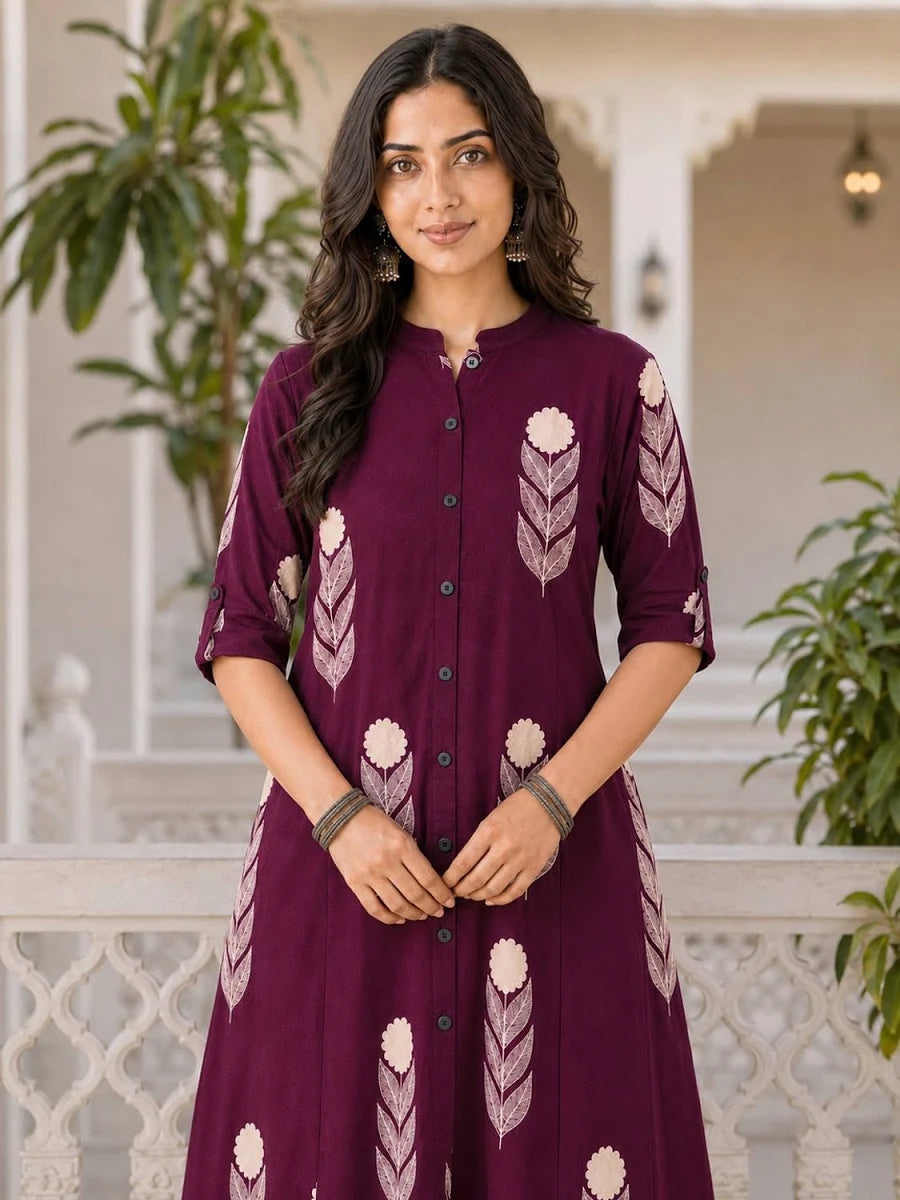 Women Wine Maroon Floral Printed A-Line Kurta Pant Set | Ethnic Wear