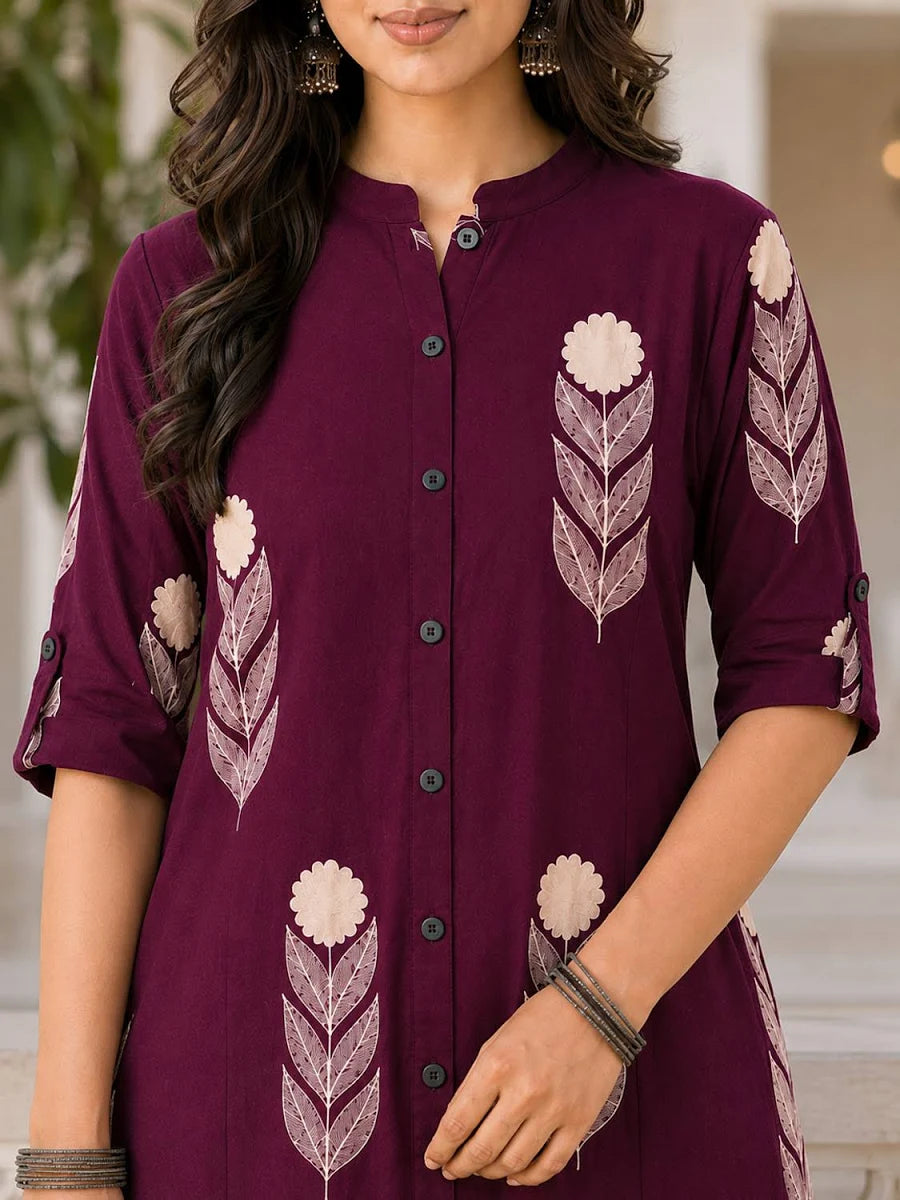Women Wine Maroon Floral Printed A-Line Kurta Pant Set | Ethnic Wear