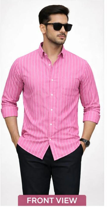 Men's Pink & White Striped Cotton Casual Formal Shirt | Full Sleeve