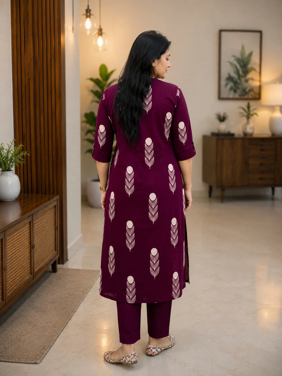 Women Wine Maroon Floral Printed A-Line Kurta Pant Set | Ethnic Wear